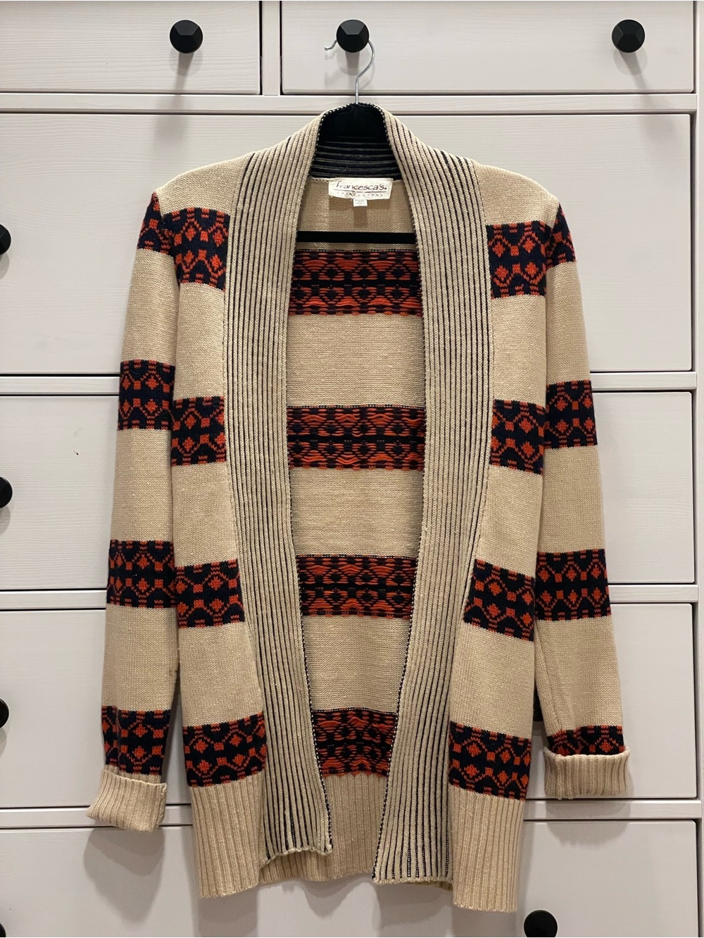 Cream & Black Patterned Open Cardigan